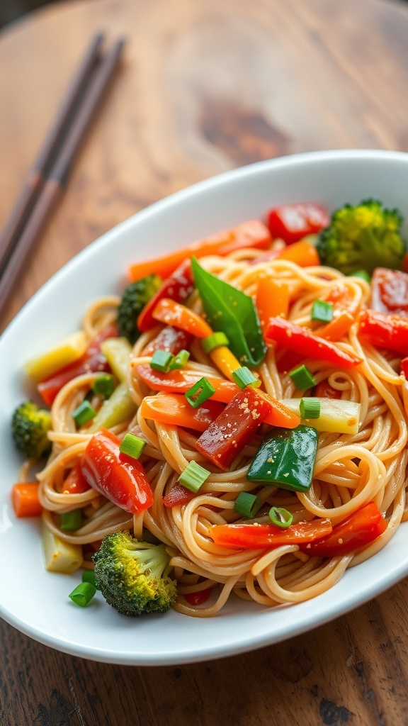 A plate of vegetable stir-fried noodles with bell peppers, carrots, and broccoli, garnished with green onions on a wooden table.